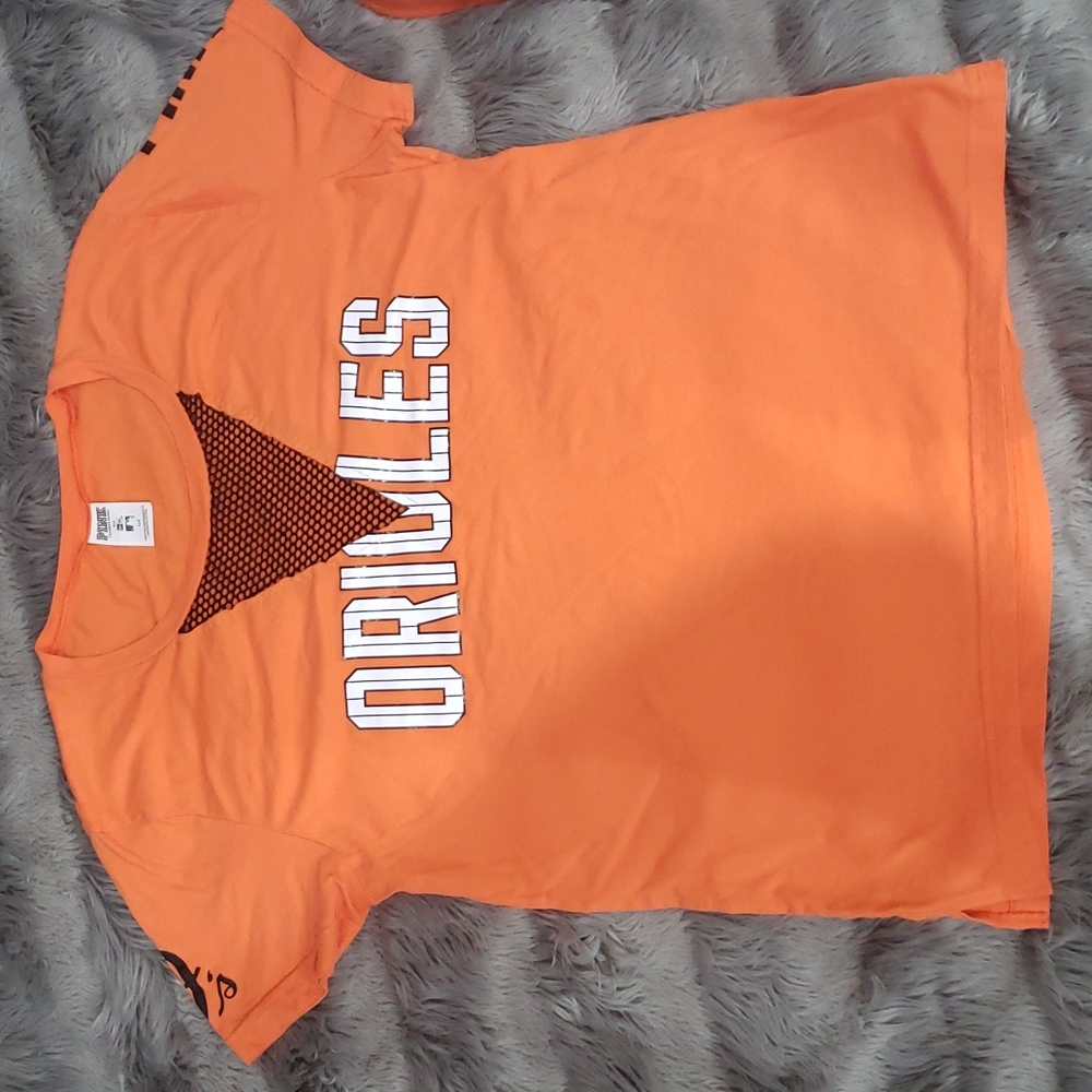Orange,black, white Orioles shirt, pink brand, size large